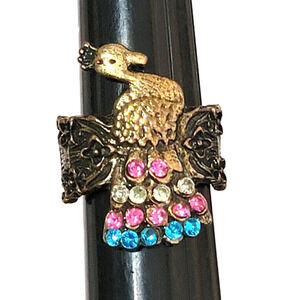 Vintage Peacock Ring Size 5 5 1/2 Rhinestones Bronze-tone‎ Colorful Bird r-51
